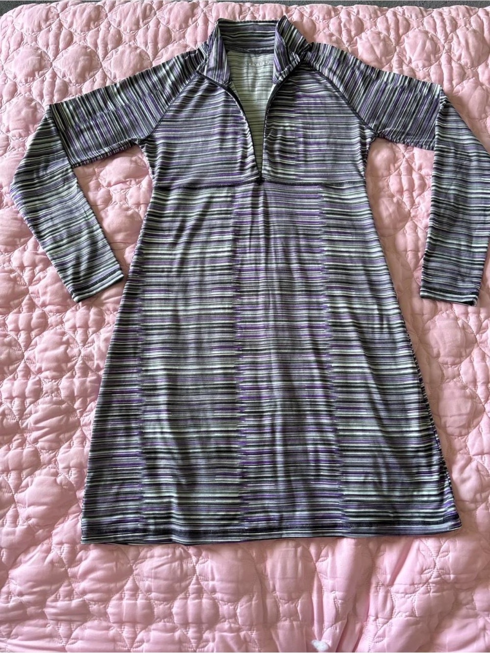 Soybu Striped Long-Sleeve Quarter-Zip Dress in Purple and Gray